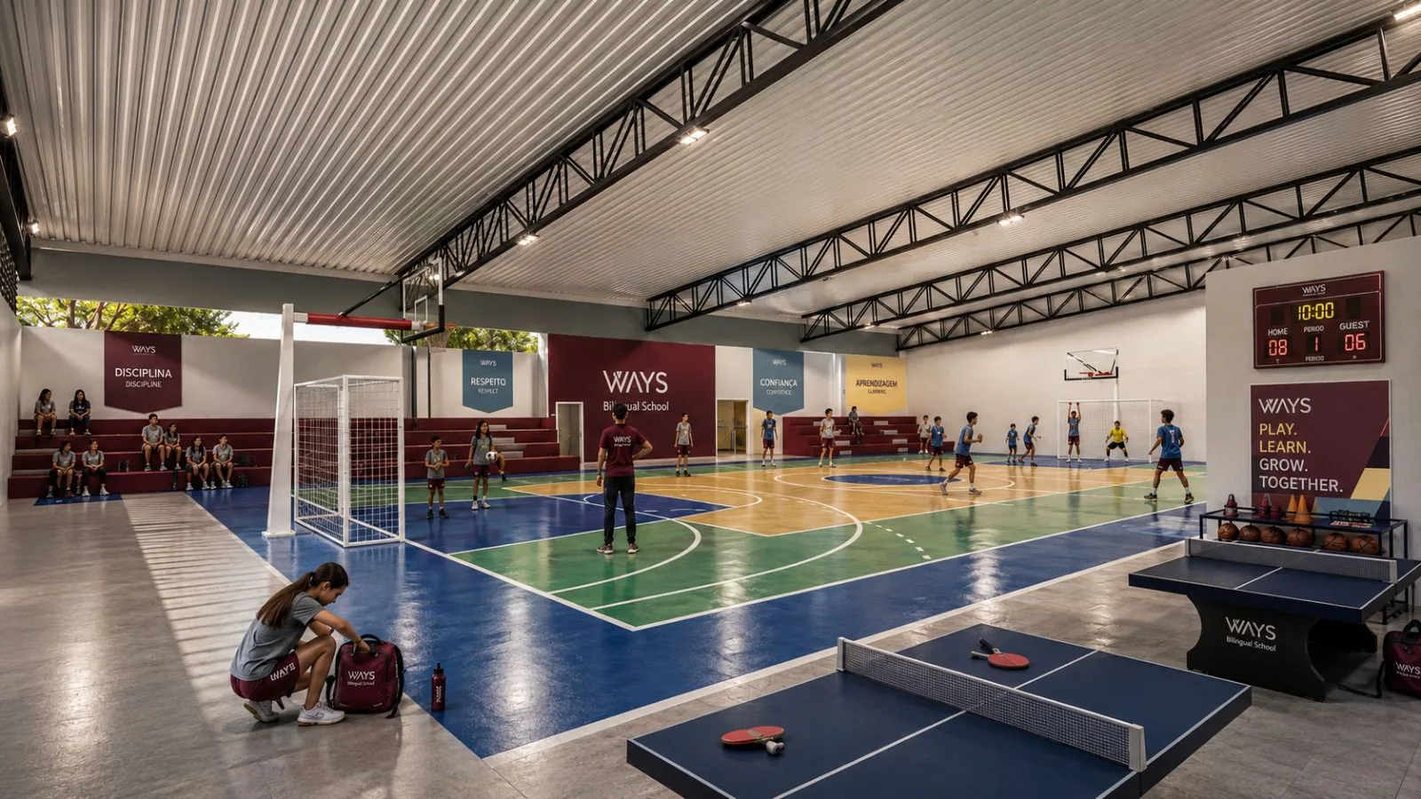 Quadra poliesportiva coberta, com arquibancada, alunos jogando e mesas de pingue-pongue